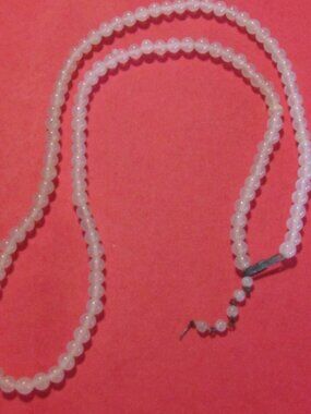 Vintage Signed JAPAN Long 33" Cloudy White Glass Beaded NECKLACE w/Feather/Frond